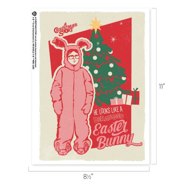 An 8.5 by 11-inch art print featuring Ralphie in his pink bunny suit from A Christmas Story, with a Christmas tree and the quote, “He looks like a deranged Easter bunny.”
