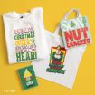 White sweatshirt, tote bag, and two small wooden signs featuring Buddy the Elf quotes and illustrations from the movie Elf.