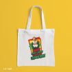 White canvas tote bag featuring an image of Buddy the Elf with the text “SANTA! SANTA’S COMING! I KNOW HIM!”.