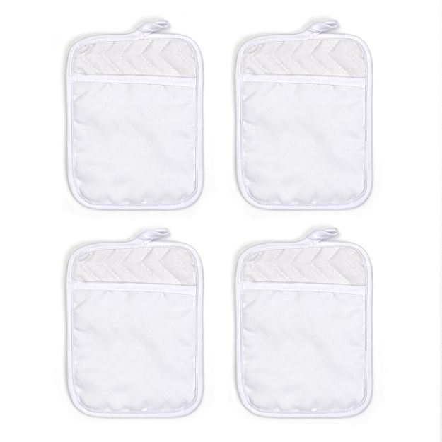 Four plain white rectangular pot holders with hanging loops, arranged in a two-by-two grid.
