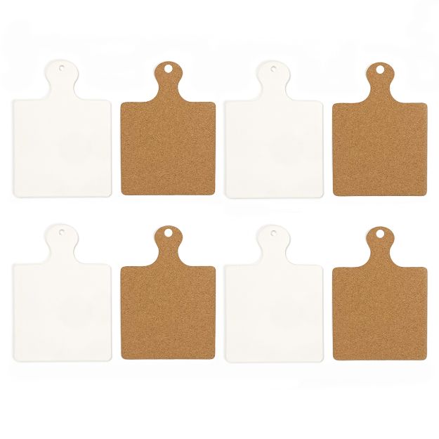 Eight paddle-shaped boards arranged in two rows, alternating between light off-white and brown cork-like surfaces.