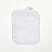 A plain white rectangular oven mitt with a small loop for hanging.
