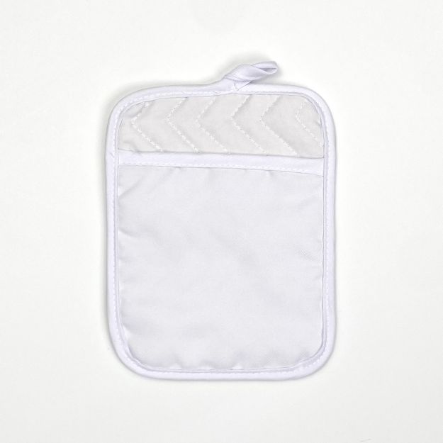 A plain white rectangular oven mitt with a small loop for hanging.