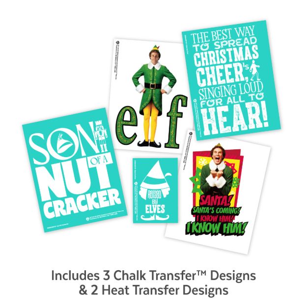 A set of Elf movie-themed designs including typography art, Buddy the Elf, and quotes like “Son of a nutcracker” and “Santa! I know him!”.
