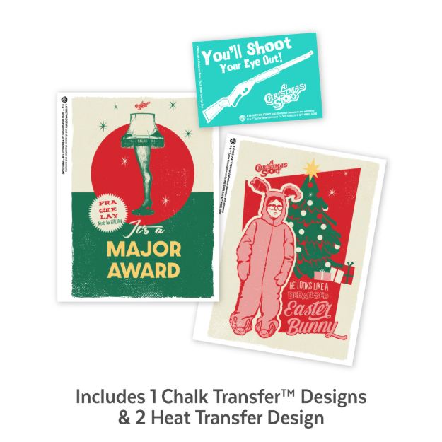 Three A Christmas Story themed craft designs featuring the leg lamp, the bunny suit, and the Red Ryder BB gun.