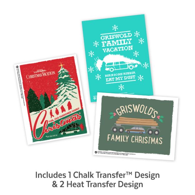 Three National Lampoon’s Christmas Vacation-themed craft designs featuring the Griswold family station wagon and movie-inspired text.