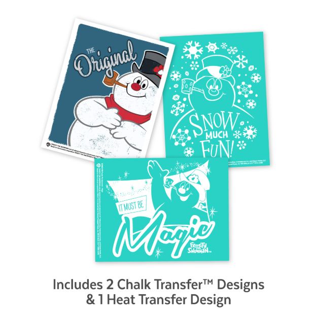Three Frosty the Snowman designs: one showing Frosty with a pipe, one with the text “Snow Much Fun,” and one with the text “It Must Be Magic.”