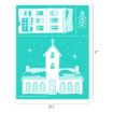 Teal craft stencil featuring a church, a building facade, and a pine tree, measuring 8.5 by 11 inches.