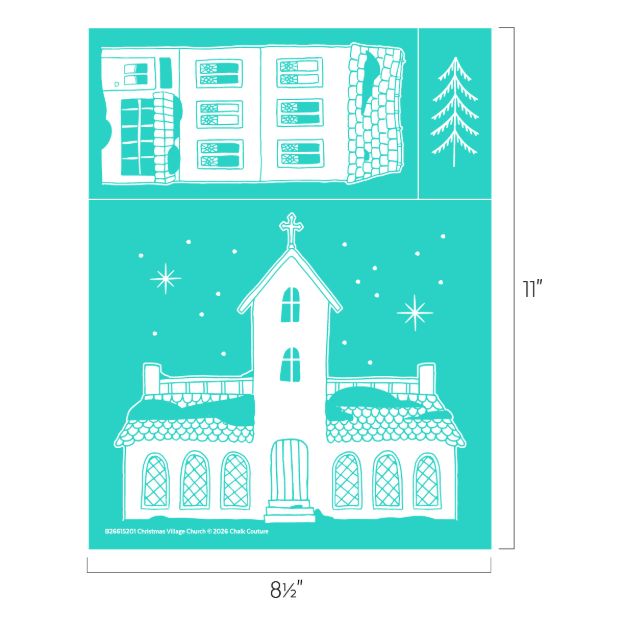 Teal craft stencil featuring a church, a building facade, and a pine tree, measuring 8.5 by 11 inches.