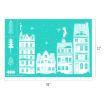 Teal screen printing stencil featuring a snowy village scene with four houses, chimney smoke, stars, and four different evergreen trees along the left side.