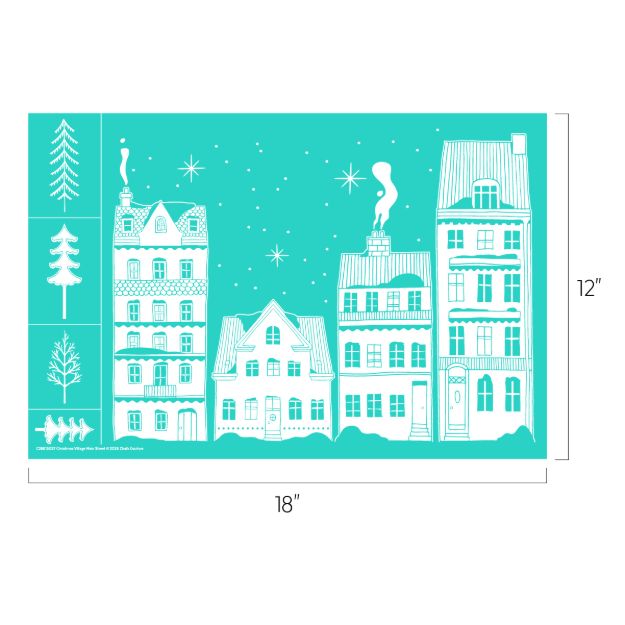 Teal screen printing stencil featuring a snowy village scene with four houses, chimney smoke, stars, and four different evergreen trees along the left side.