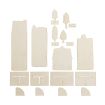 Unassembled wooden craft pieces for a small village, including building facades, trees, rectangular bases with slots, and quarter-circle corner supports.