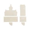 Unassembled laser-cut wooden pieces for a small building model, including walls, a roof, and base components.