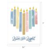 Print featuring nine vertical candles in pastel colors arranged in a heart shape with the words “Love and Light” written below.