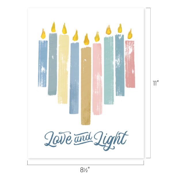Print featuring nine vertical candles in pastel colors arranged in a heart shape with the words “Love and Light” written below.