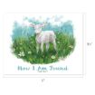 Watercolor illustration of a white lamb standing in a meadow of green grass and flowers, with the text “Now I Am Found LUKE 15:6-7” at the bottom.