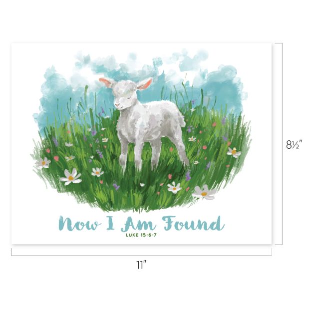Watercolor illustration of a white lamb standing in a meadow of green grass and flowers, with the text “Now I Am Found LUKE 15:6-7” at the bottom.
