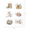 Watercolor art print featuring six winter woodland animals: a squirrel, a deer with a fawn, an owl, a fox, a hedgehog, and two rabbits in the snow.