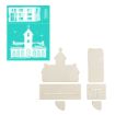 A craft kit including a teal stencil featuring a church design and corresponding unfinished wooden pieces to assemble a 3D model.