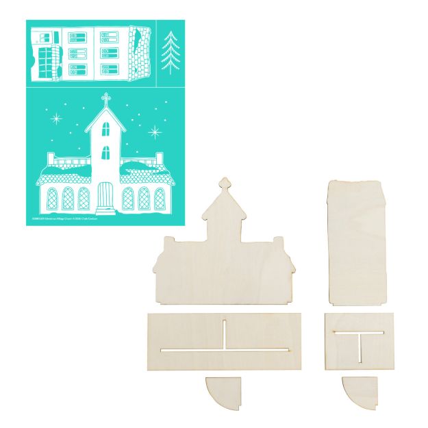 A craft kit including a teal stencil featuring a church design and corresponding unfinished wooden pieces to assemble a 3D model.