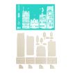 A turquoise screen printing stencil featuring a winter village scene above a collection of unpainted wooden cutout pieces for building the village houses and trees.