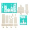 Two teal-colored adhesive stencils featuring Christmas village scenes alongside various wooden pieces for constructing a miniature church and houses.