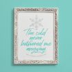 Framed wall art featuring a snowflake icon and the text, “The cold never bothered me anyway. Just kidding, I’m freezing!”.